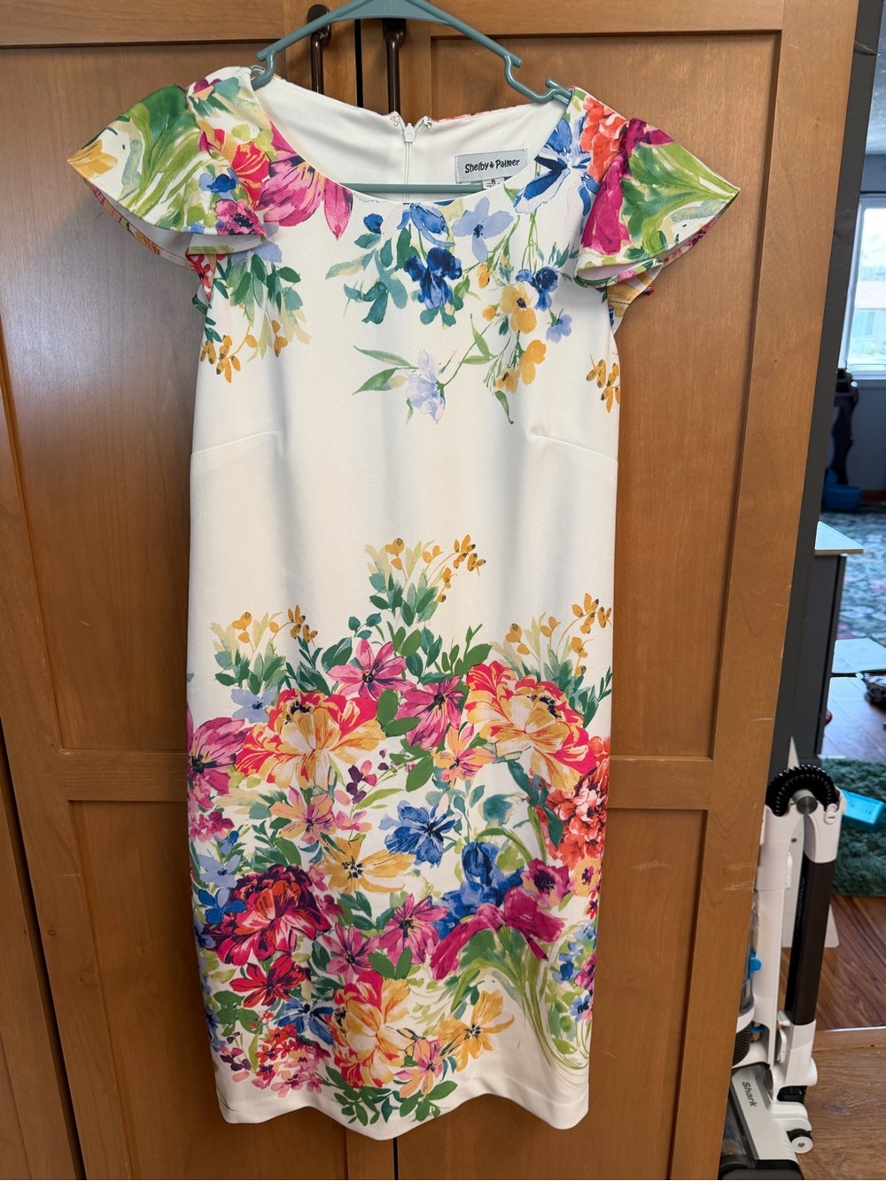 Shelby & Palmer White Mini Dress with Pink, Blue, Yellow & Green Floral Print